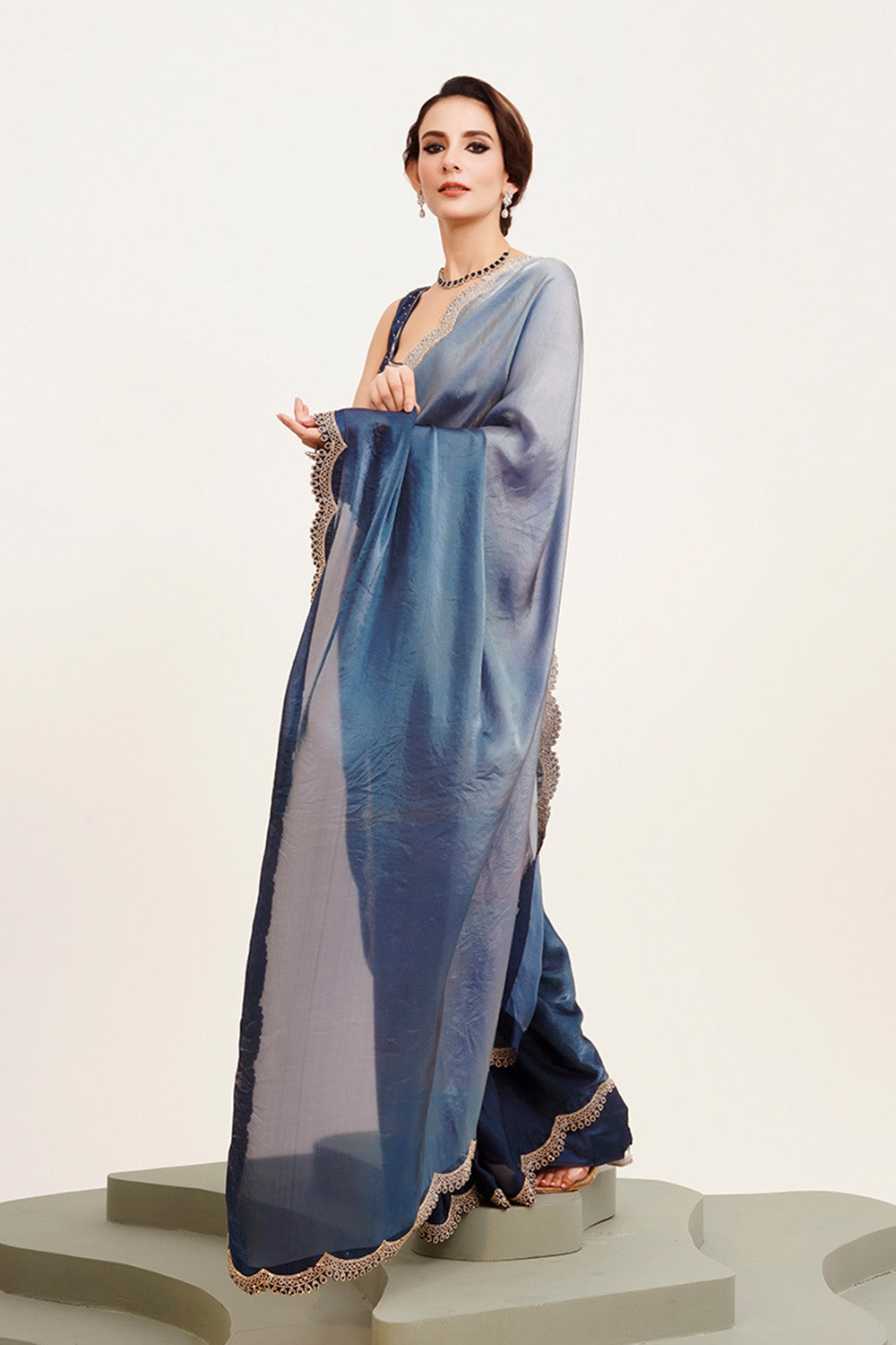 Blue Beads And Stones Satin Saree With Blouse