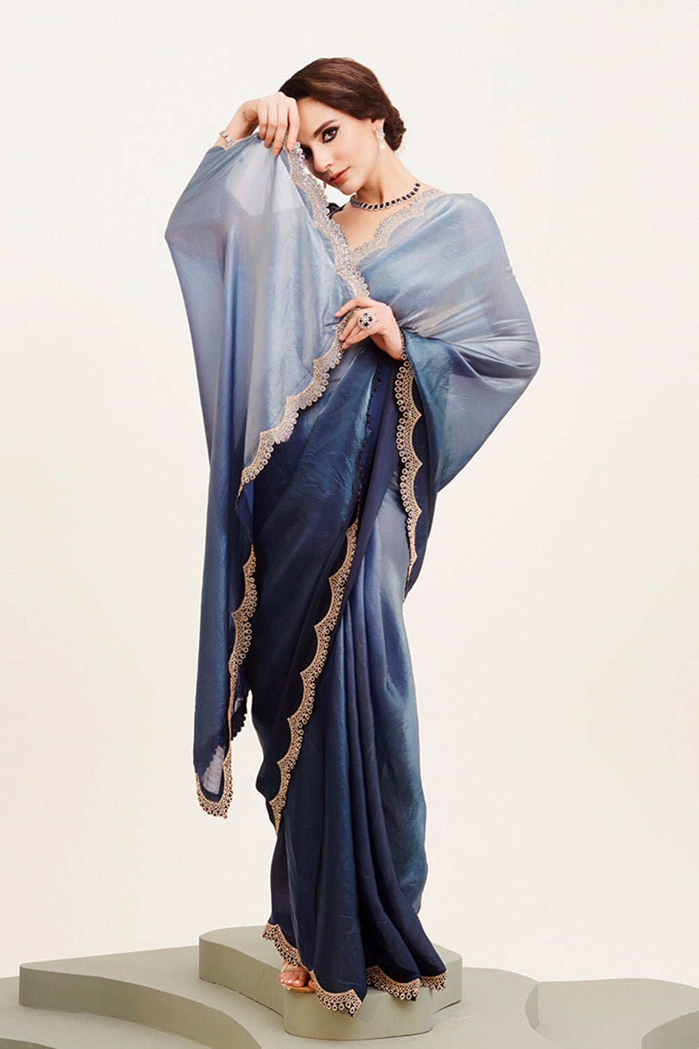 Blue Beads And Stones Satin Saree With Blouse