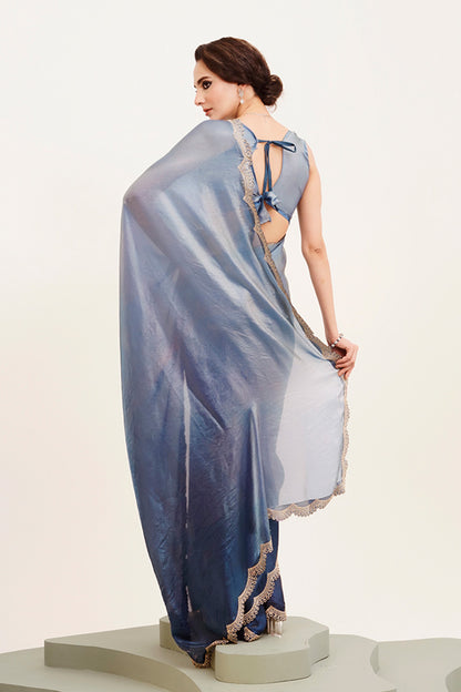 Blue Beads And Stones Satin Saree With Blouse