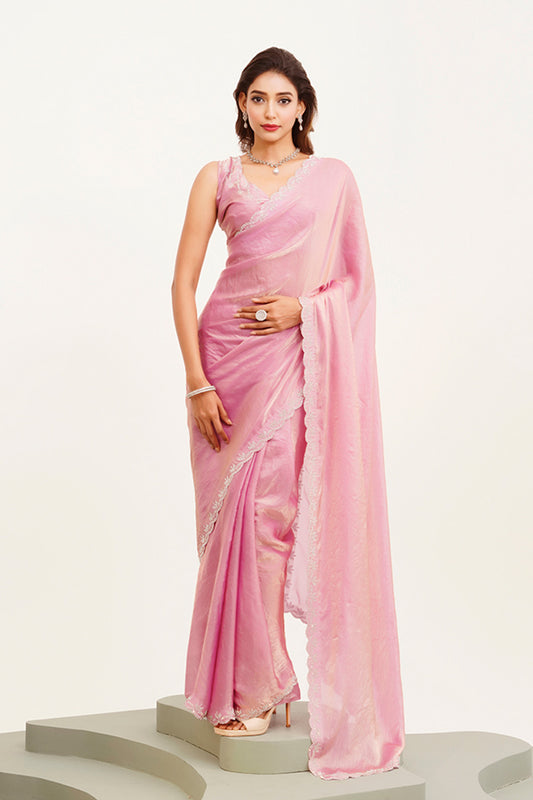 Pink Beads And Stones Saree With Blouse