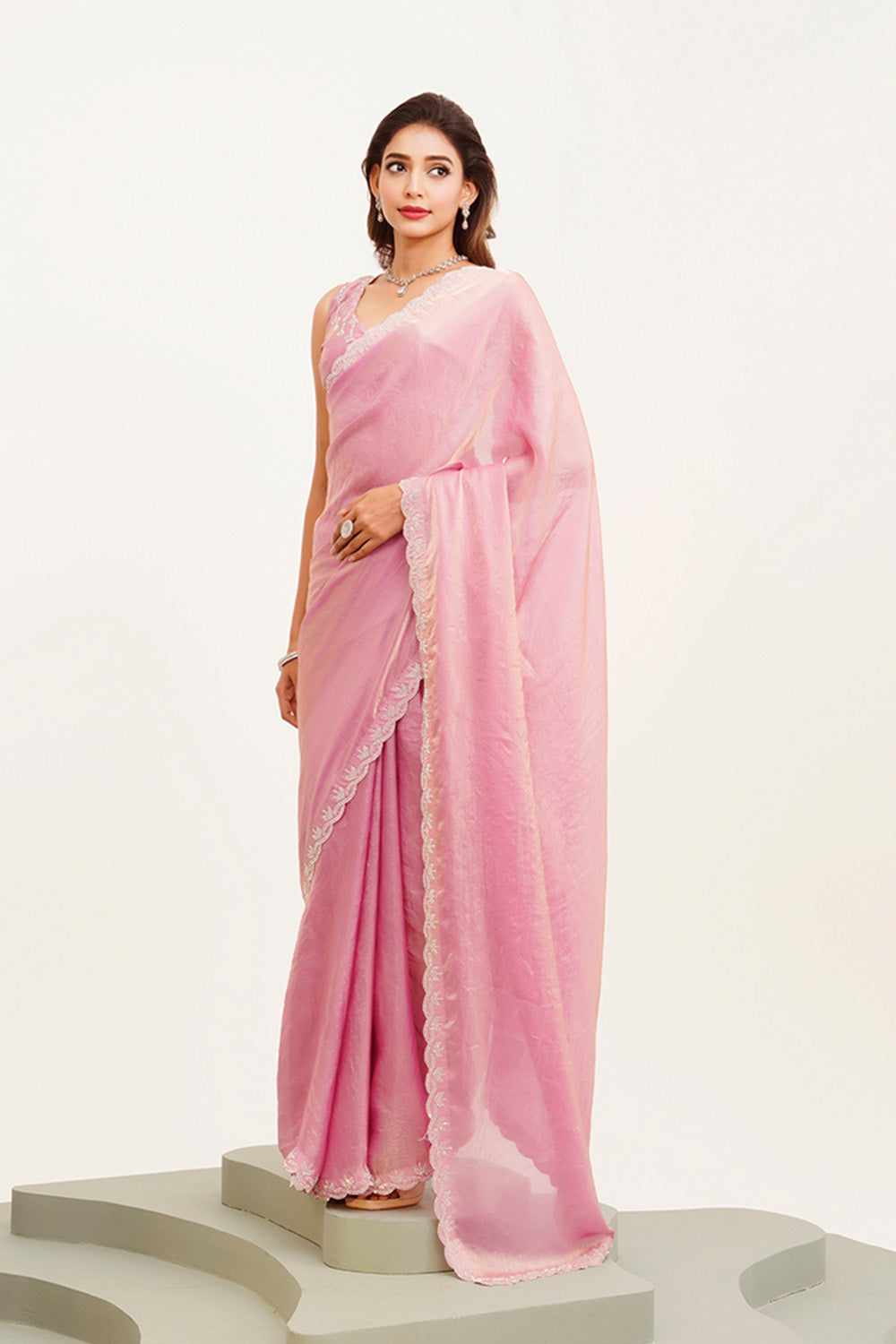 Pink Beads And Stones Saree With Blouse