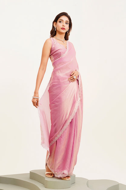 Pink Beads And Stones Saree With Blouse