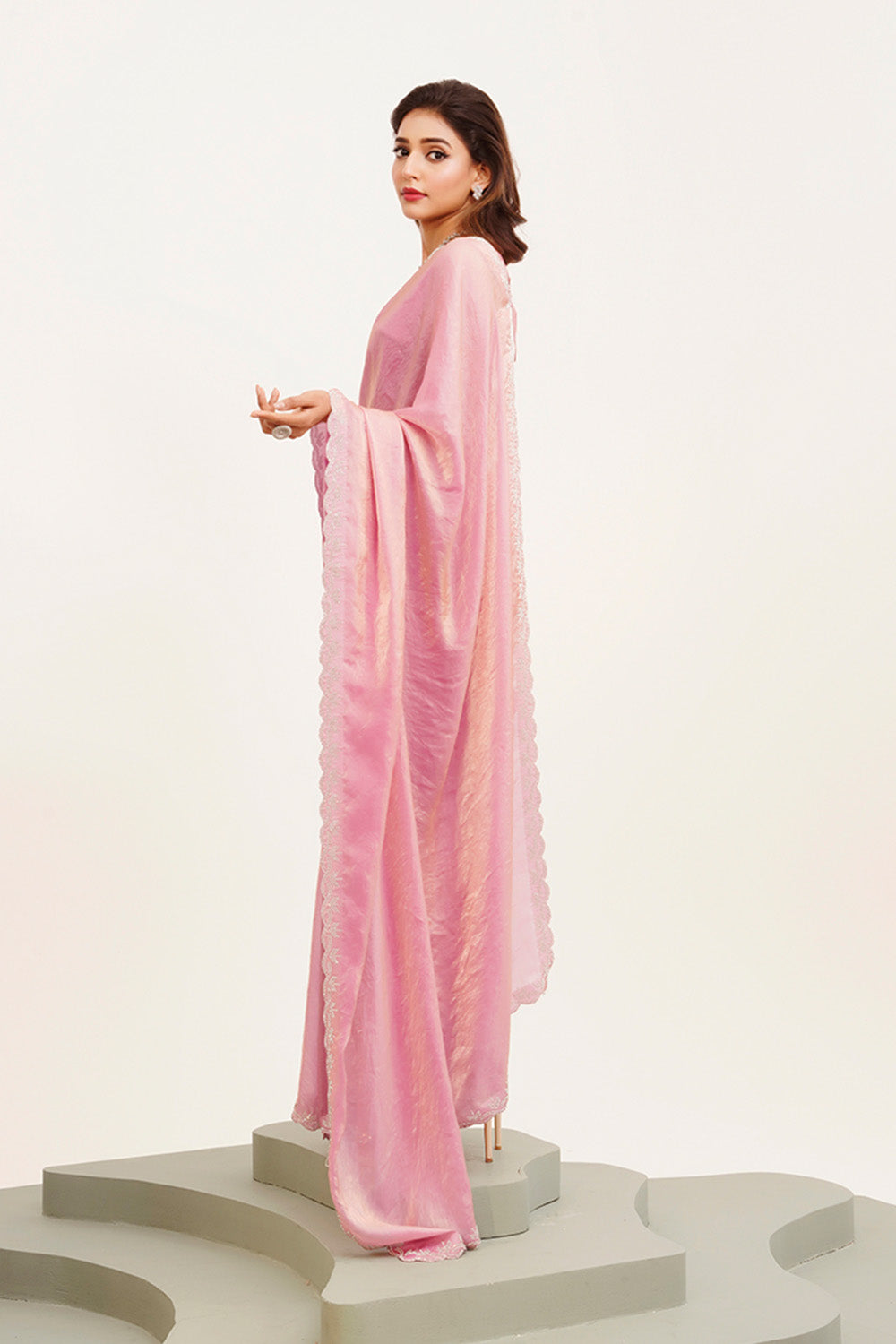 Pink Beads And Stones Saree With Blouse