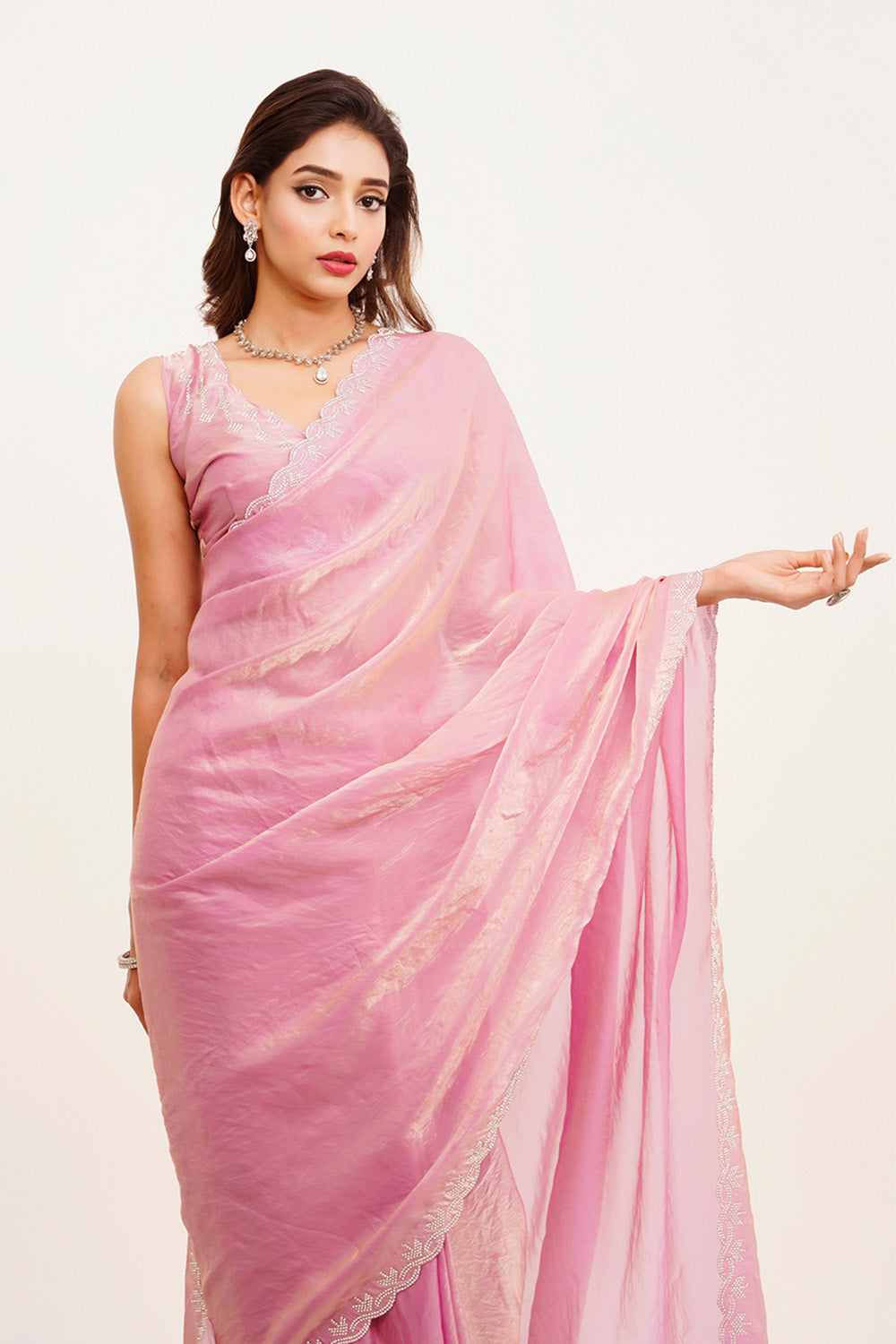 Pink Beads And Stones Saree With Blouse