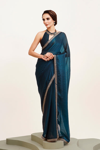 Teal Beads And Stones Satin Saree With Blouse