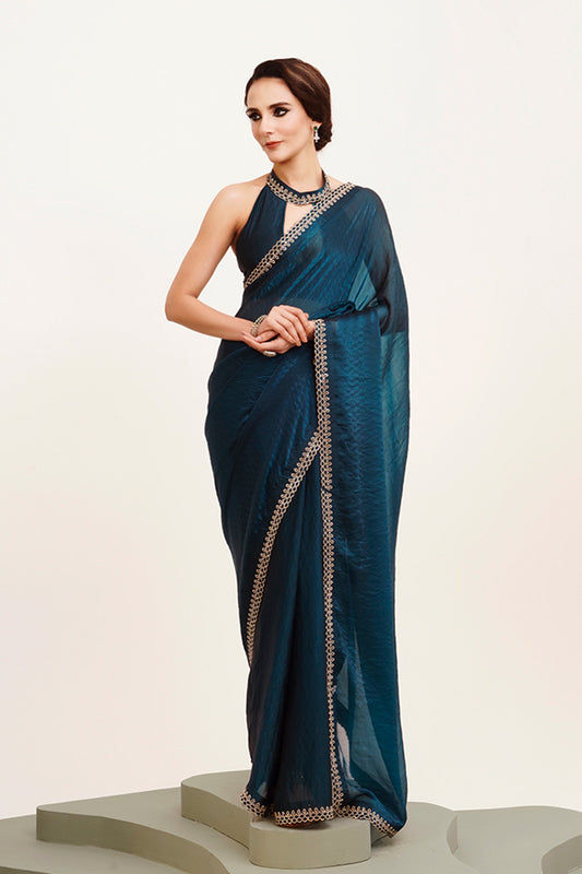 Teal Beads And Stones Satin Saree With Blouse