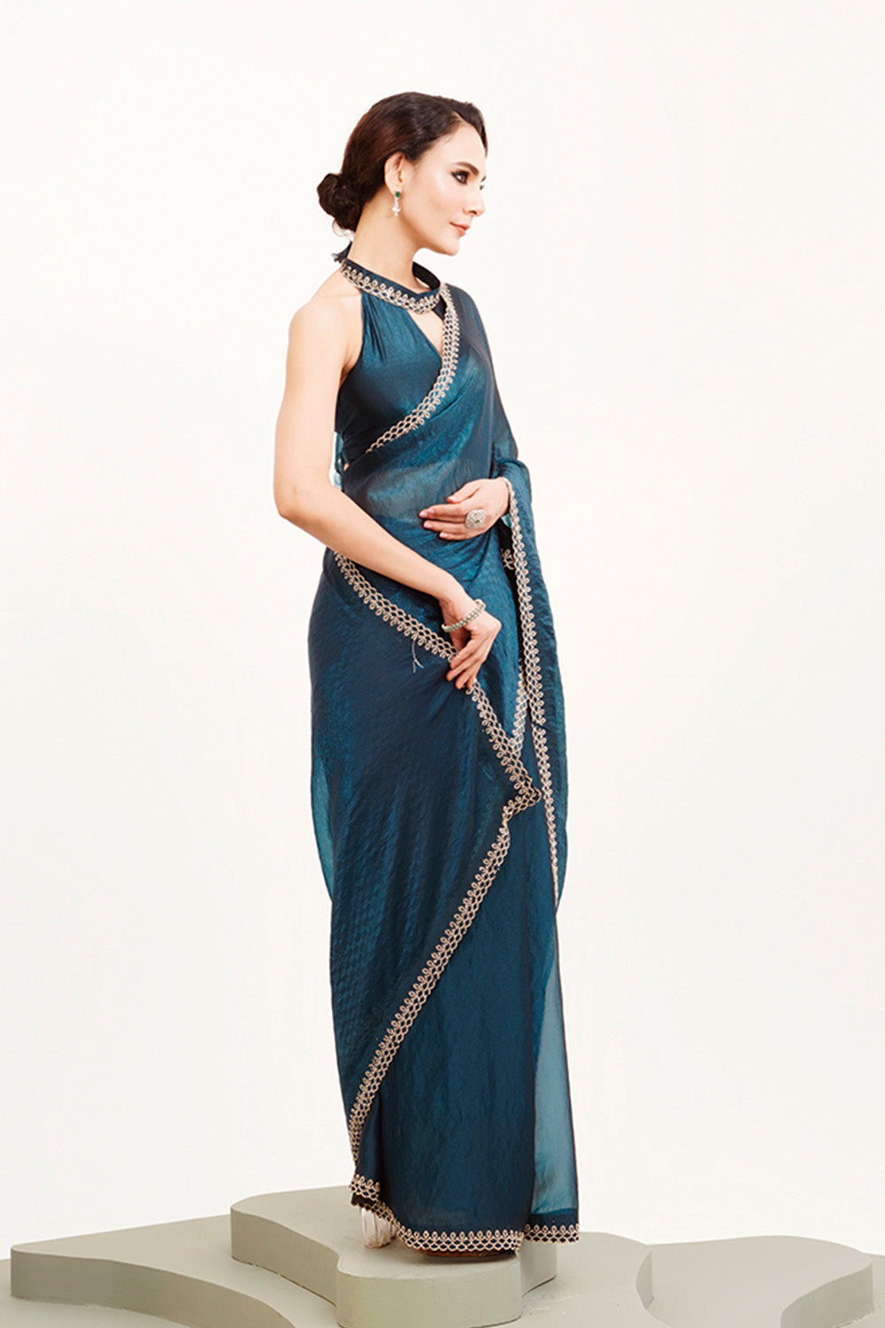 Teal Beads And Stones Satin Saree With Blouse