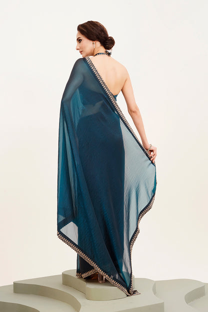 Teal Beads And Stones Satin Saree With Blouse
