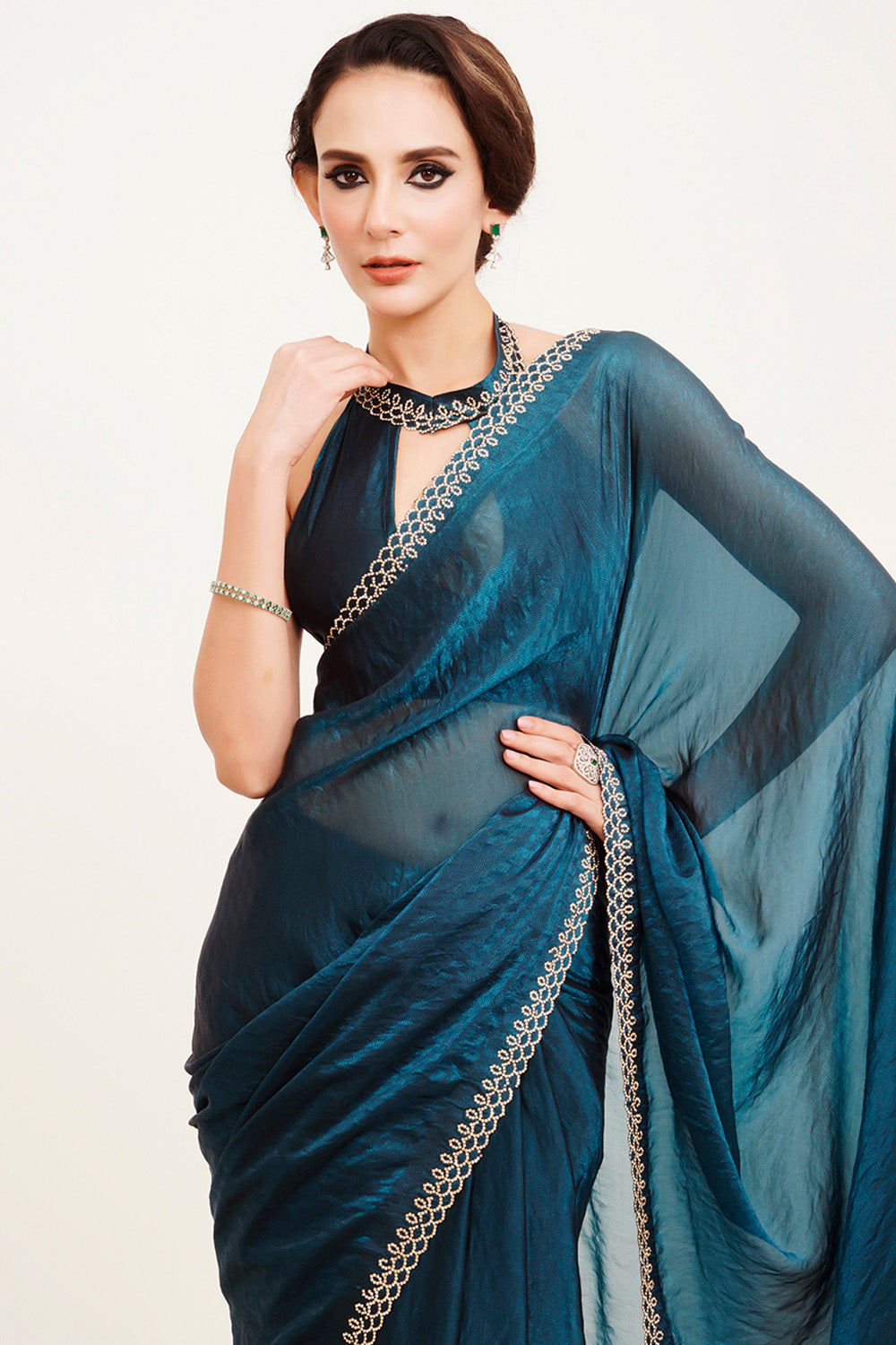 Teal Beads And Stones Satin Saree With Blouse