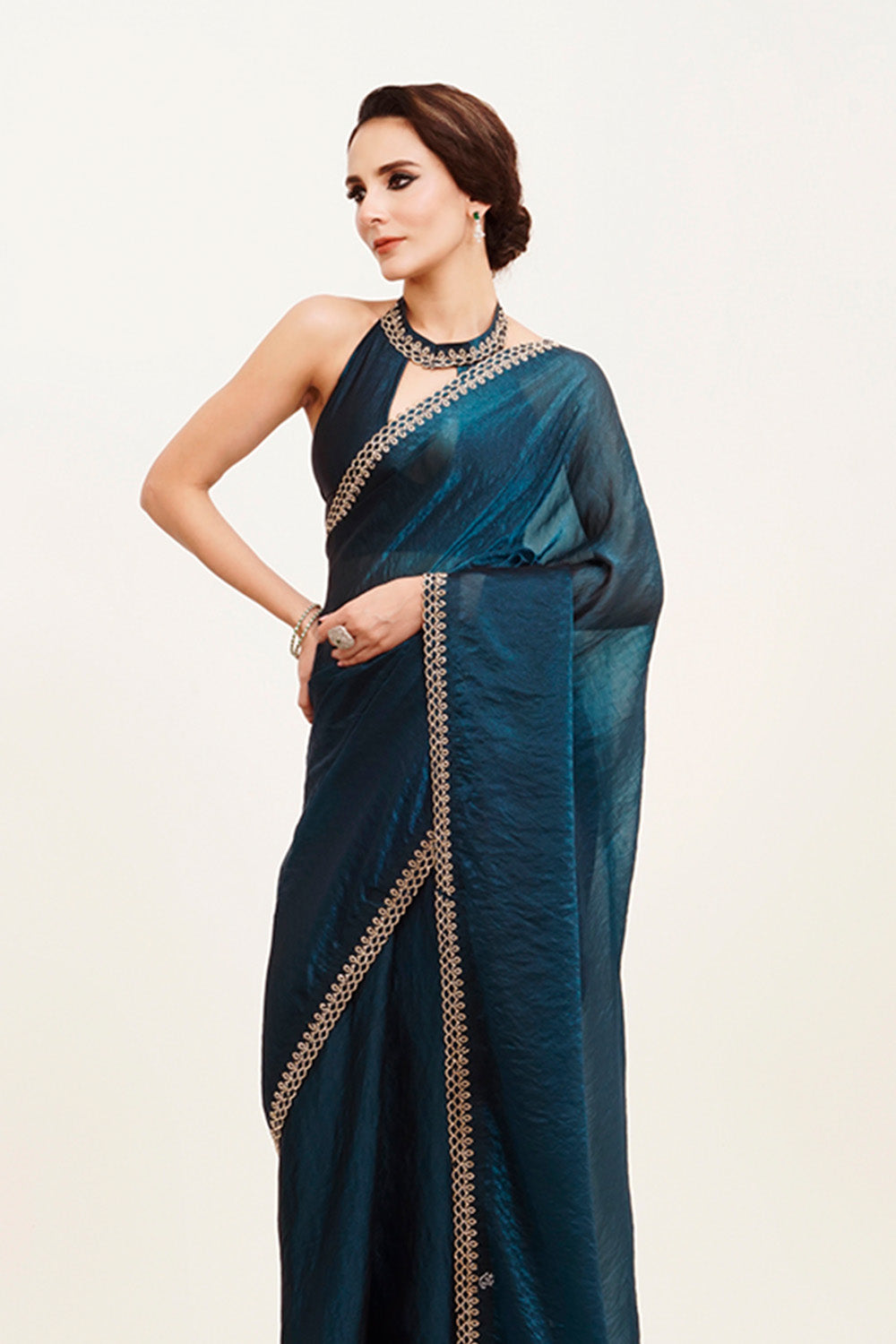 Teal Beads And Stones Satin Saree With Blouse