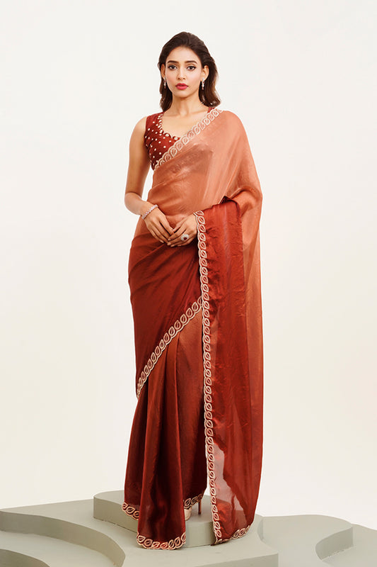 Rust Beads And Stones Satin Saree With Blouse