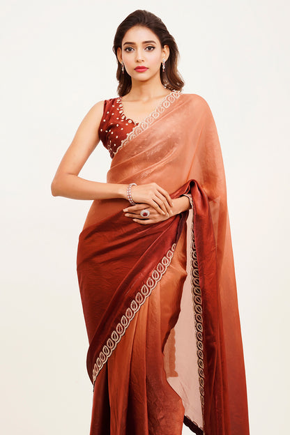 Rust Beads And Stones Satin Saree With Blouse