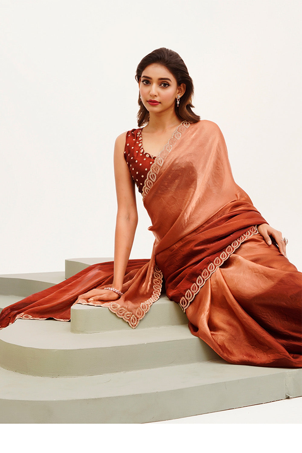 Rust Beads And Stones Satin Saree With Blouse
