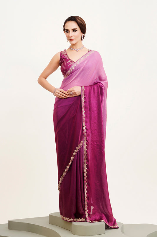 Purple Beads And Stones Satin Saree With Blouse