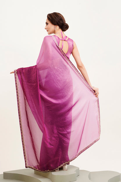 Purple Beads And Stones Satin Saree With Blouse