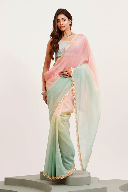 Pink Multicolor Sequinned Tissue Saree With Blouse
