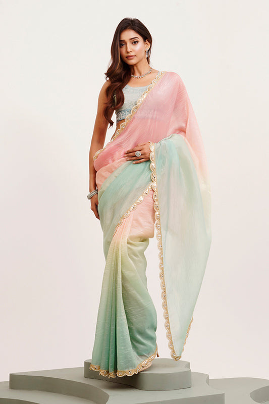 Pink Multicolor Sequinned Tissue Saree With Blouse