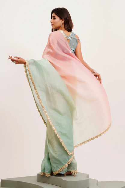 Pink Multicolor Sequinned Tissue Saree With Blouse