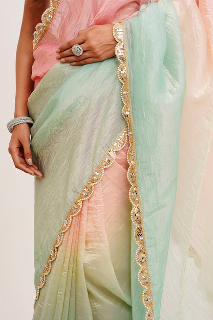 Pink Multicolor Sequinned Tissue Saree With Blouse