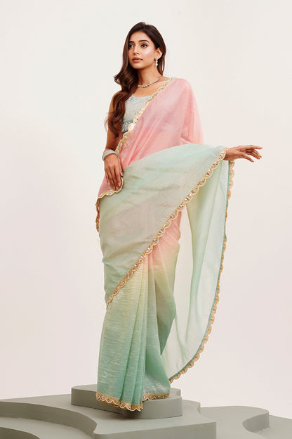 Pink Multicolor Sequinned Tissue Saree With Blouse