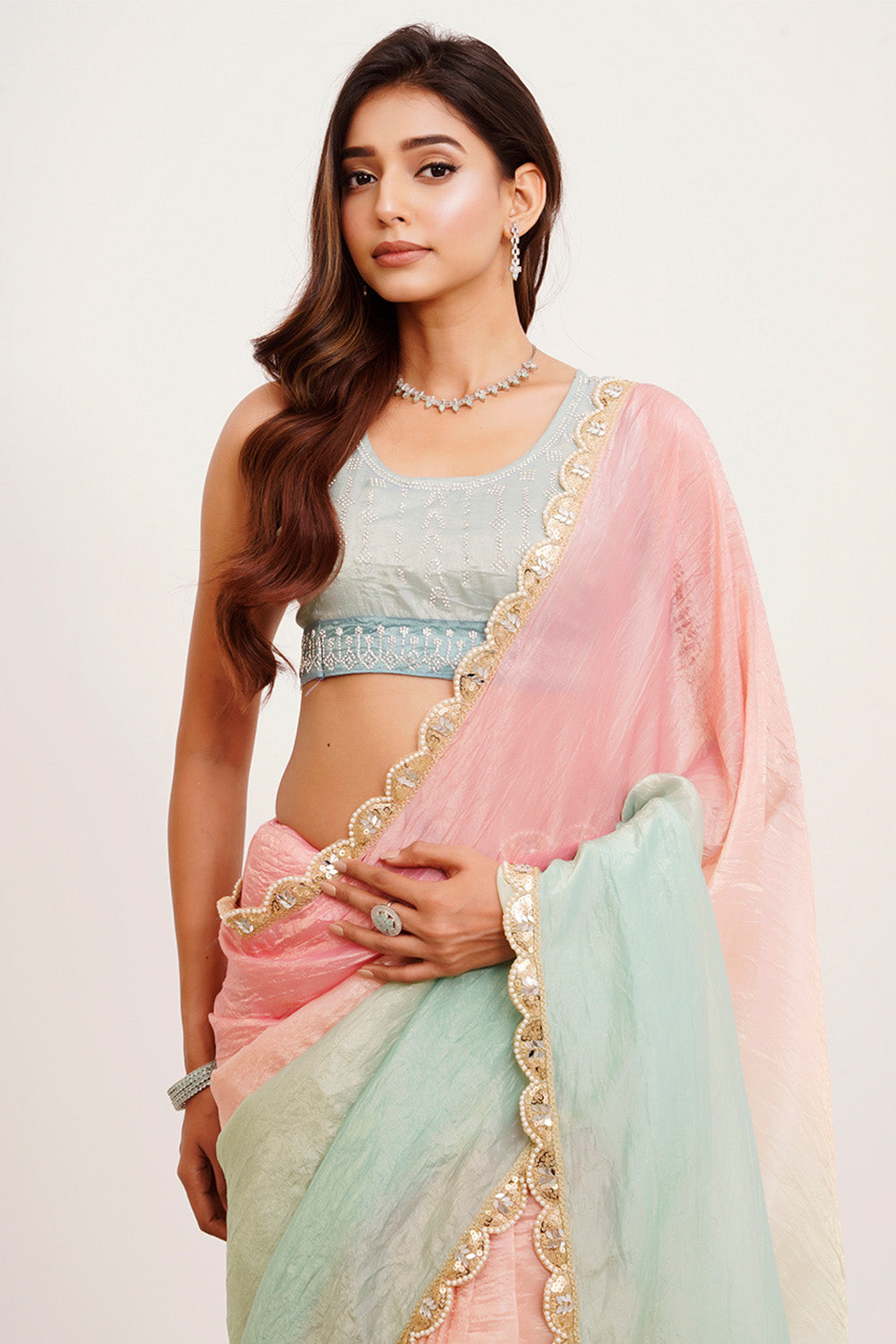 Pink Multicolor Sequinned Tissue Saree With Blouse