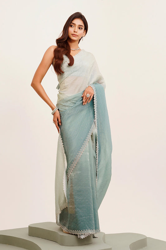 Blue Beads And Stones Tissue Saree With Blouse