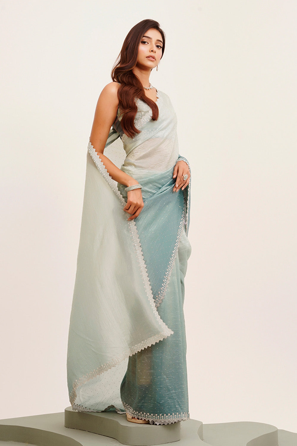 Blue Beads And Stones Tissue Saree With Blouse