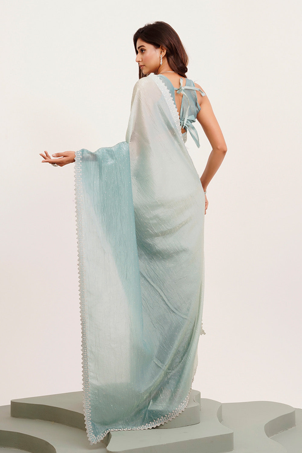 Blue Beads And Stones Tissue Saree With Blouse