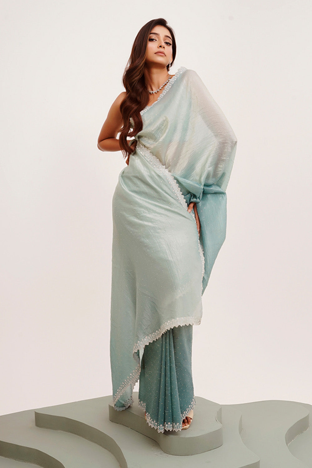 Blue Beads And Stones Tissue Saree With Blouse