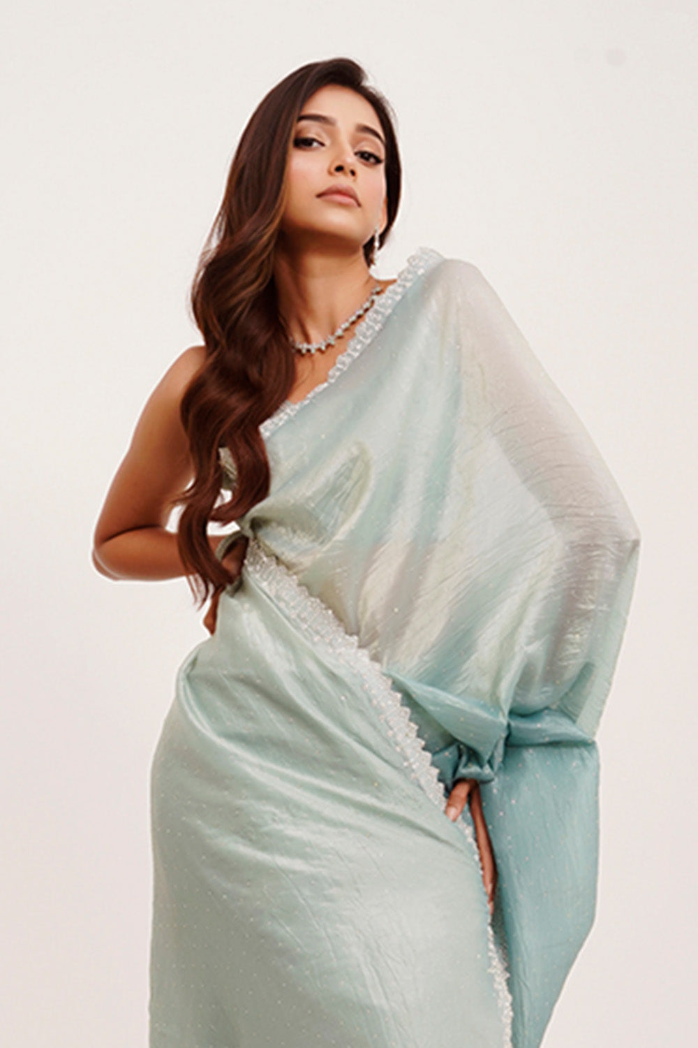 Blue Beads And Stones Tissue Saree With Blouse