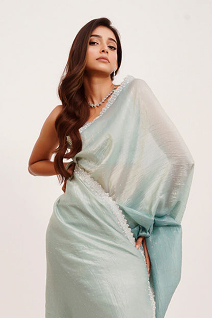 Blue Beads And Stones Tissue Saree With Blouse