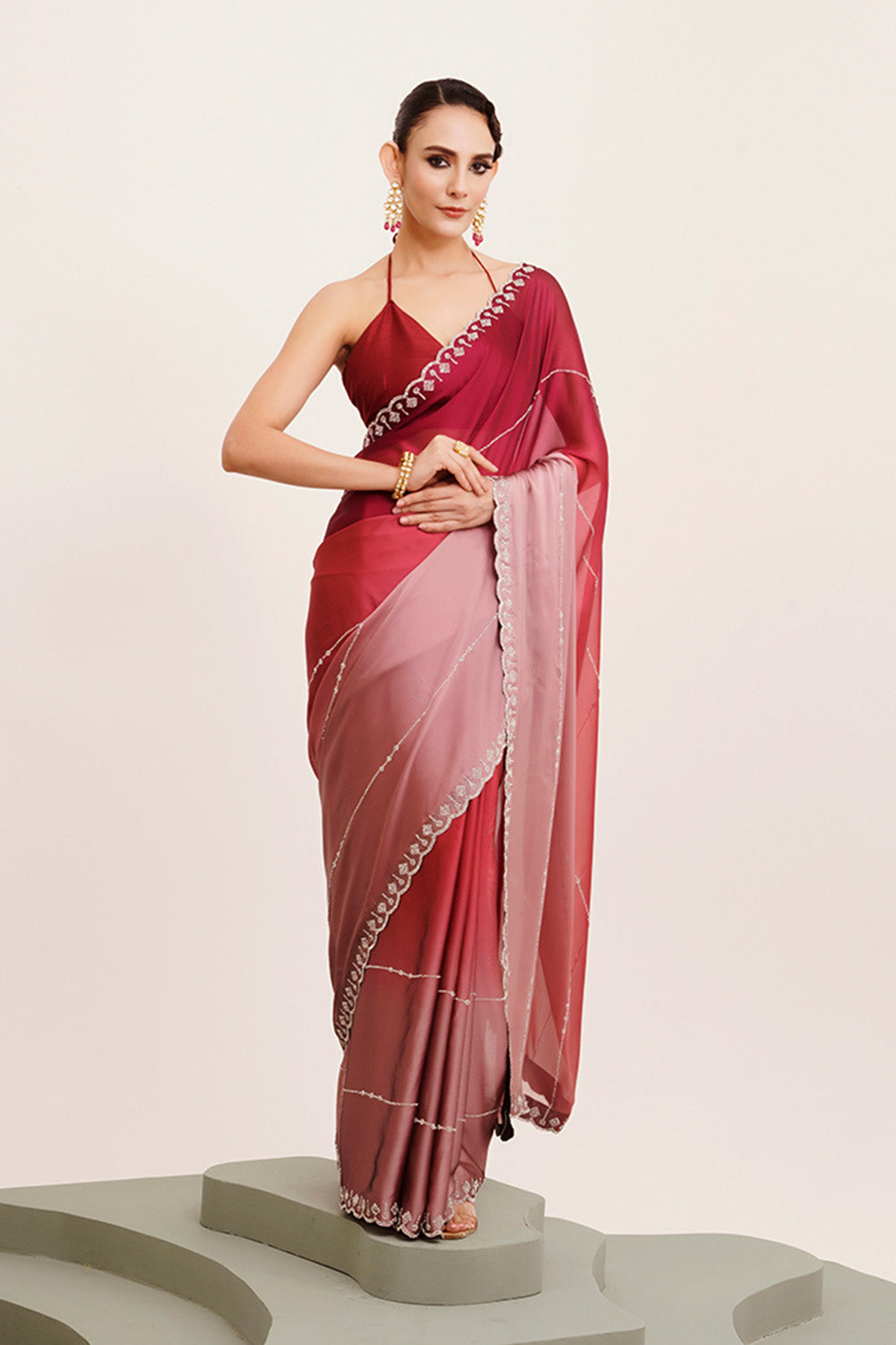 Pink & Red Beads And Stones Chiffon Saree With Blouse