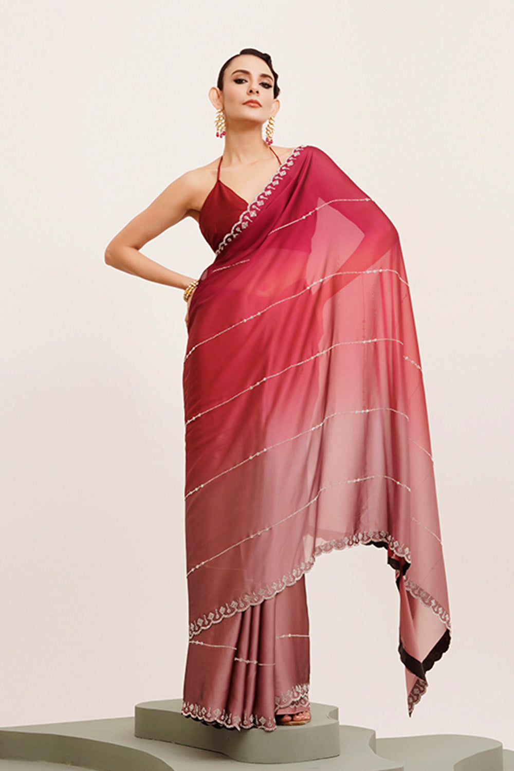 Pink & Red Beads And Stones Chiffon Saree With Blouse