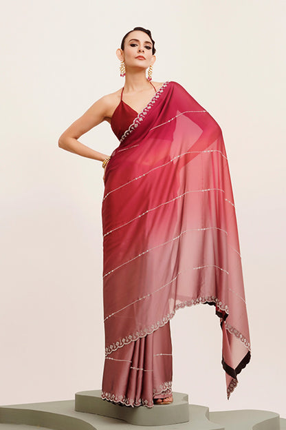 Pink & Red Beads And Stones Chiffon Saree With Blouse