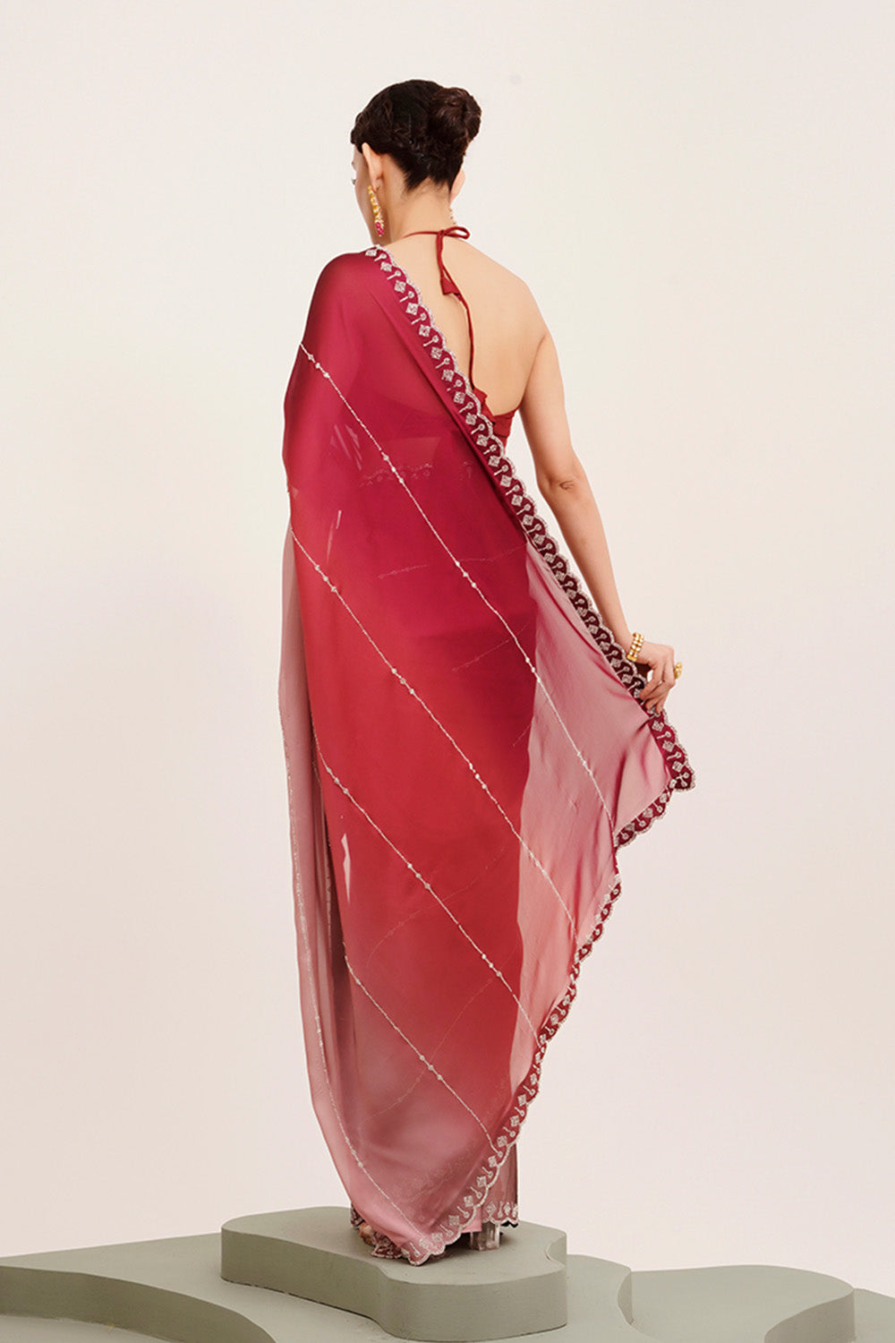 Pink & Red Beads And Stones Chiffon Saree With Blouse
