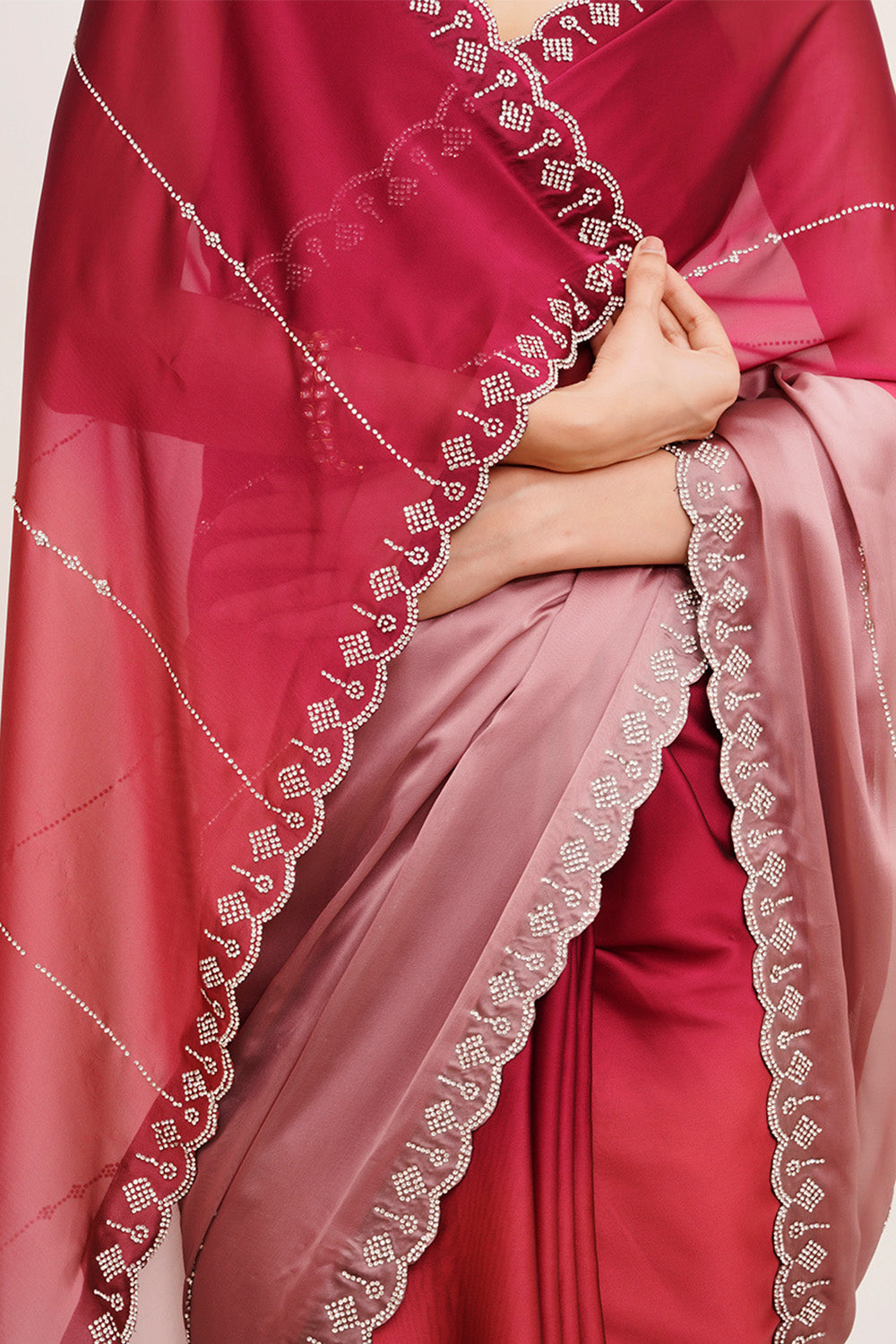 Pink & Red Beads And Stones Chiffon Saree With Blouse