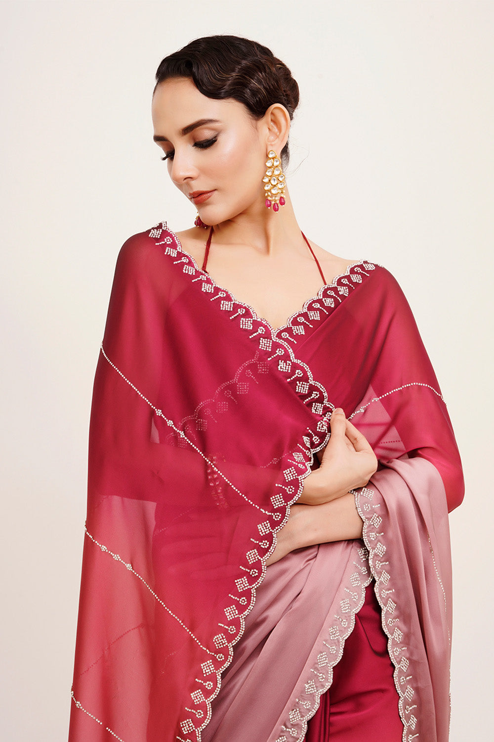 Pink & Red Beads And Stones Chiffon Saree With Blouse