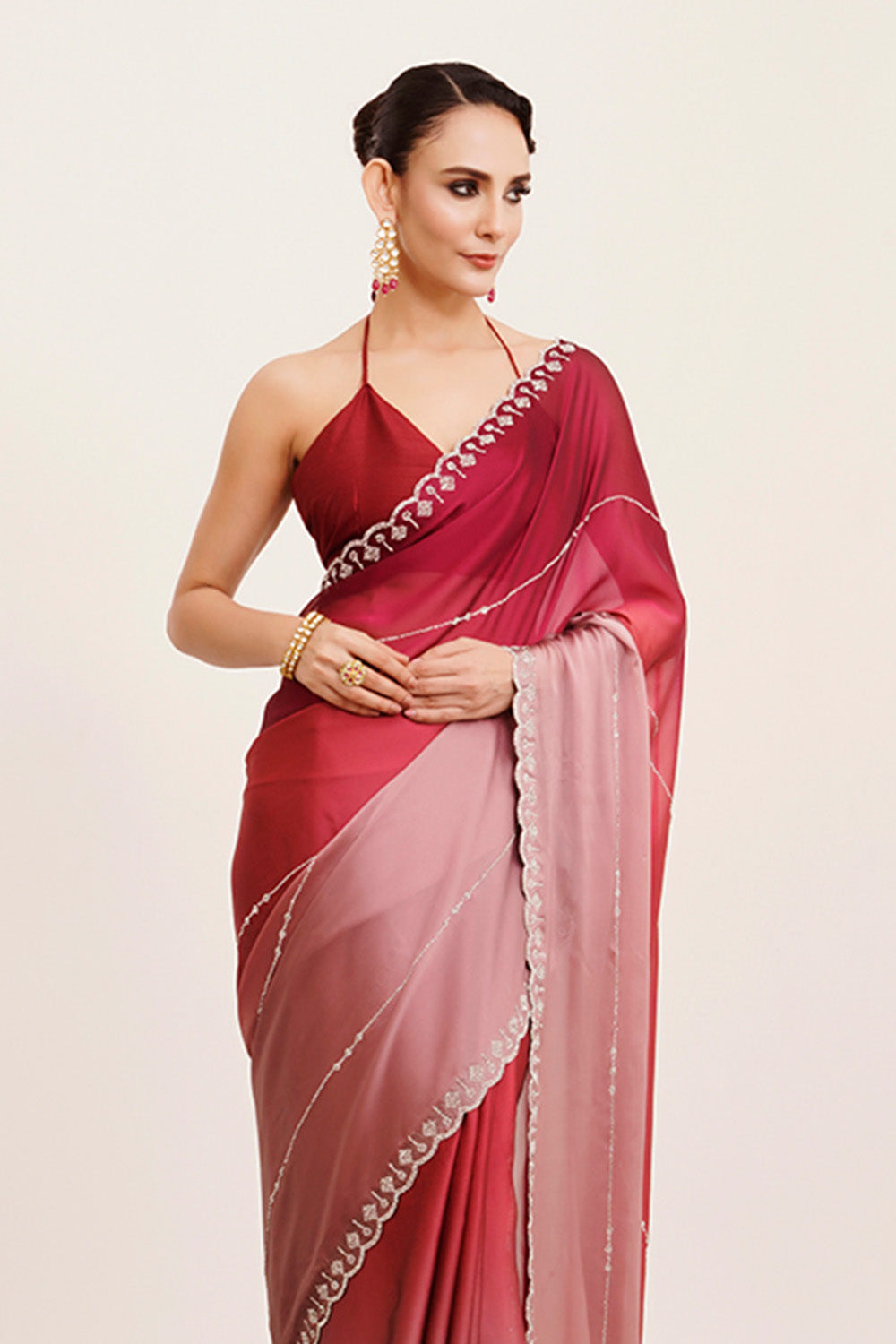 Pink & Red Beads And Stones Chiffon Saree With Blouse