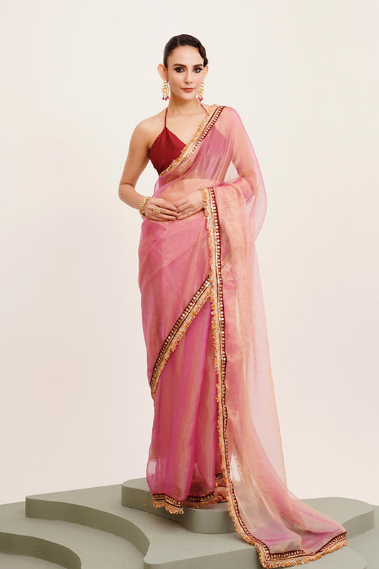Pink Sequinned Tissue Saree With Blouse