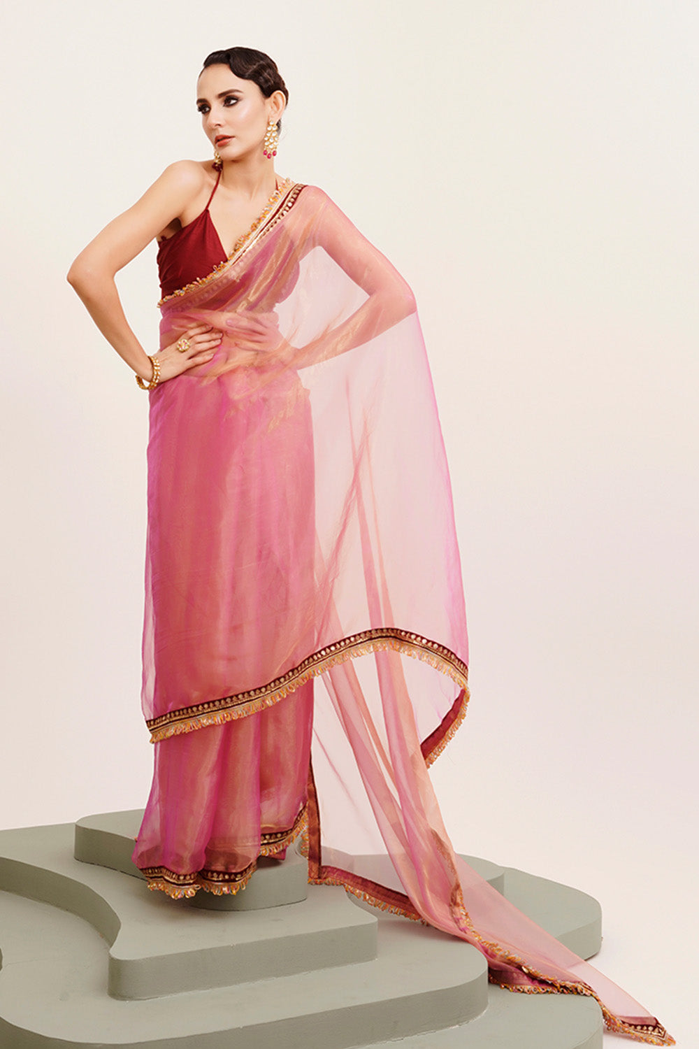 Pink Sequinned Tissue Saree With Blouse