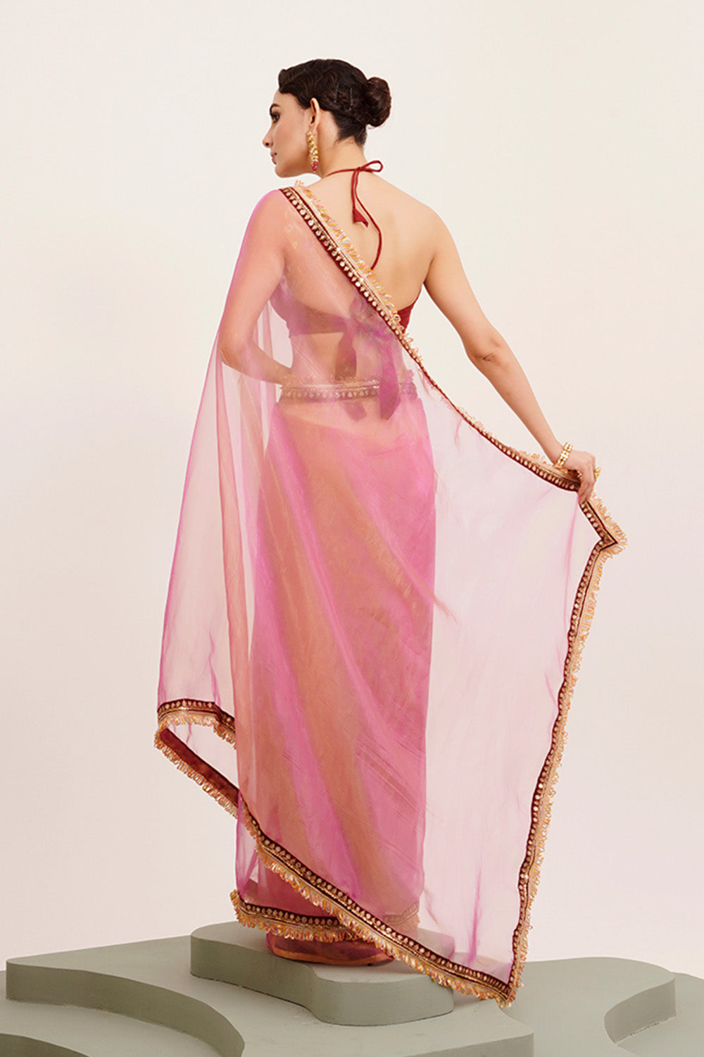 Pink Sequinned Tissue Saree With Blouse