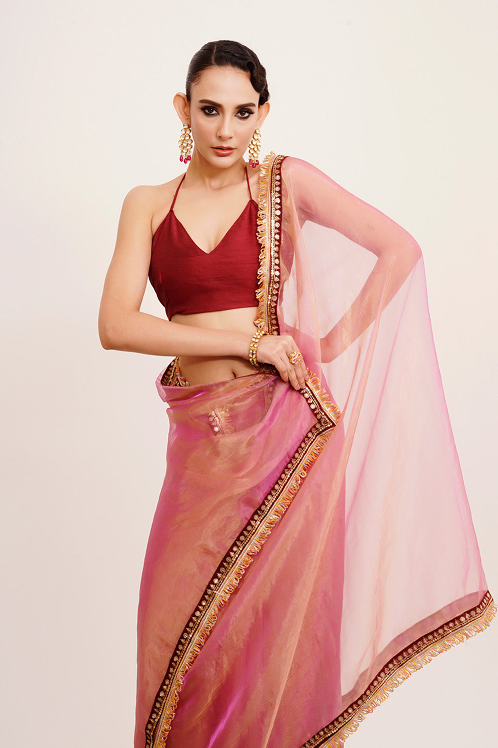 Pink Sequinned Tissue Saree With Blouse