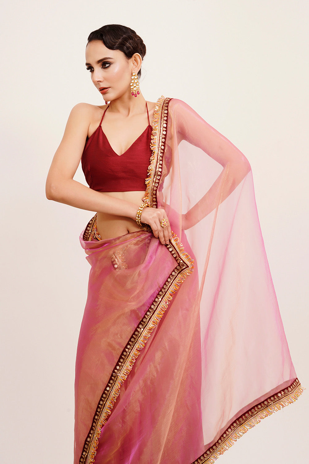 Pink Sequinned Tissue Saree With Blouse