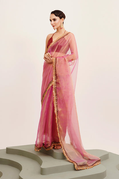 Pink Sequinned Tissue Saree With Blouse