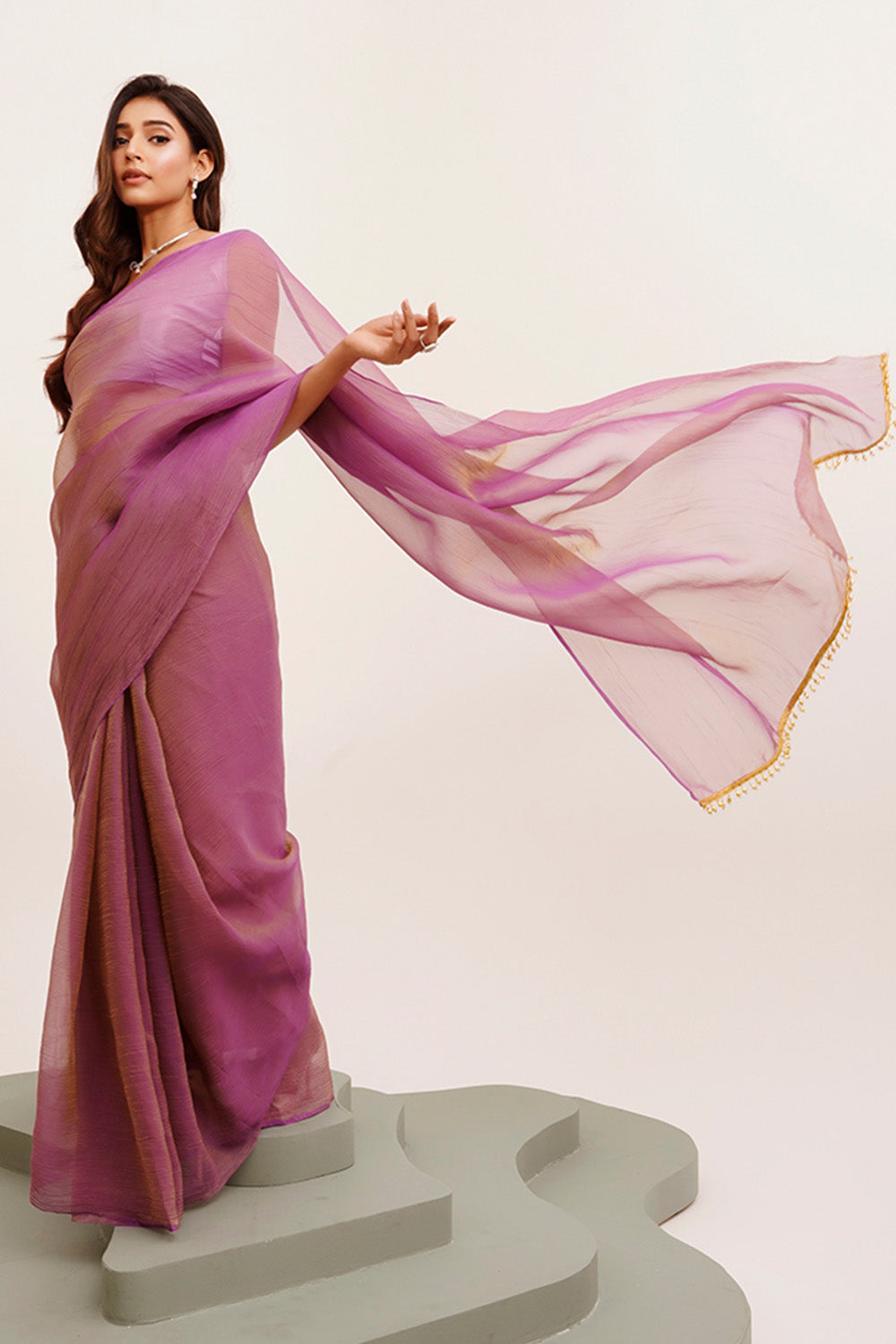 Lavender Solid Tissue With Tassels With Blouse