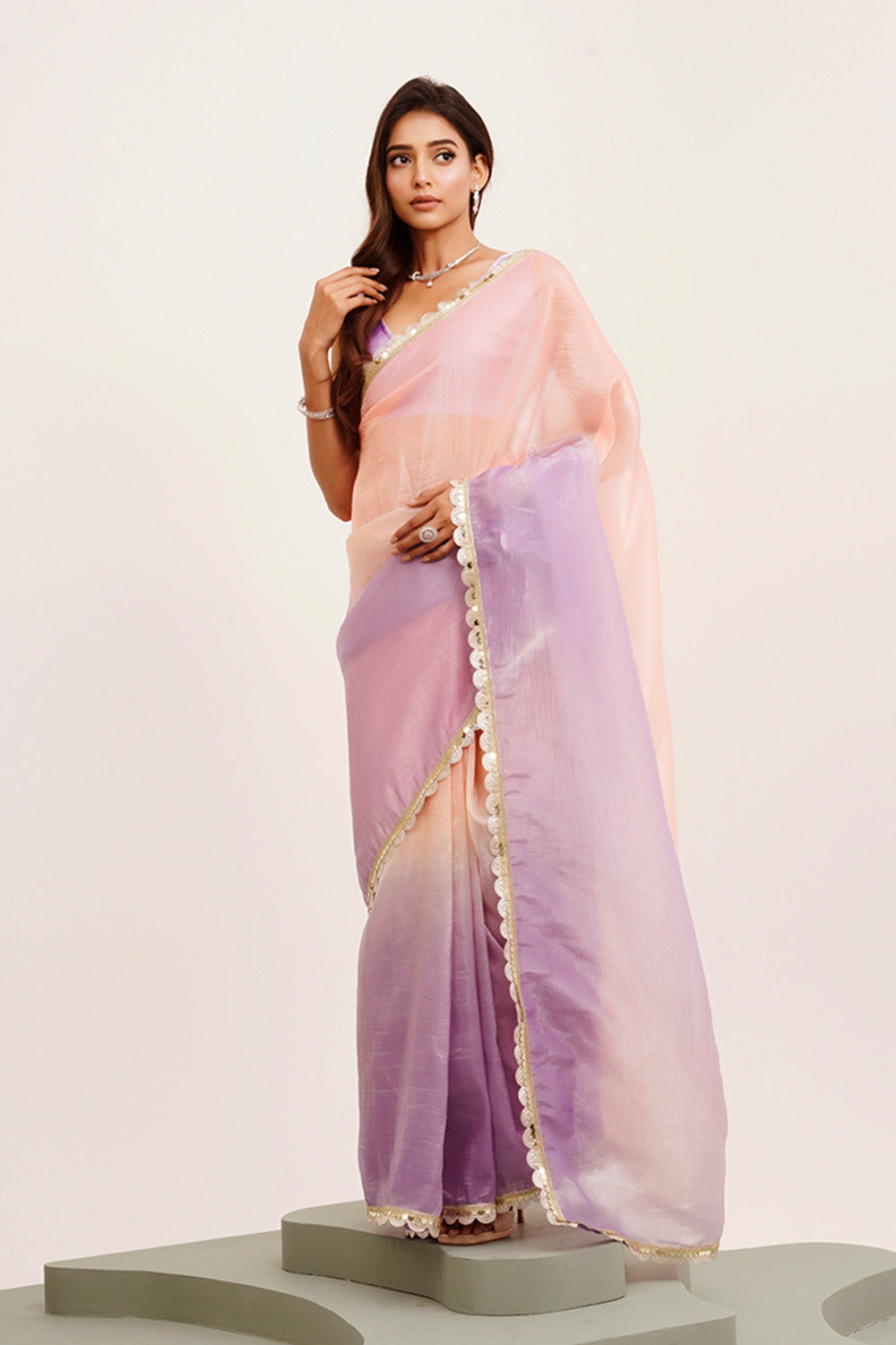 Peach Sequinned Tissue Saree With Blouse