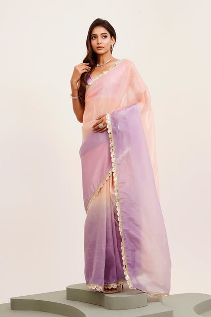 Peach Sequinned Tissue Saree With Blouse