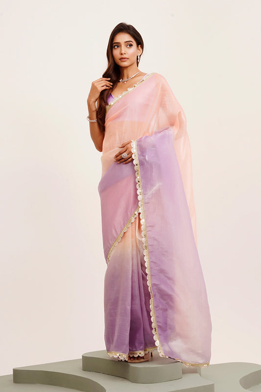Peach Sequinned Tissue Saree With Blouse