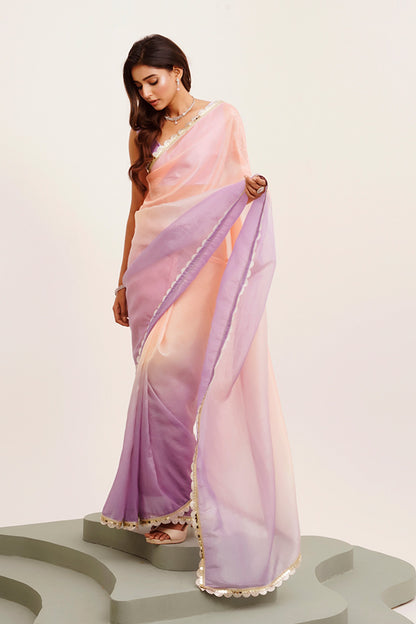 Peach Sequinned Tissue Saree With Blouse