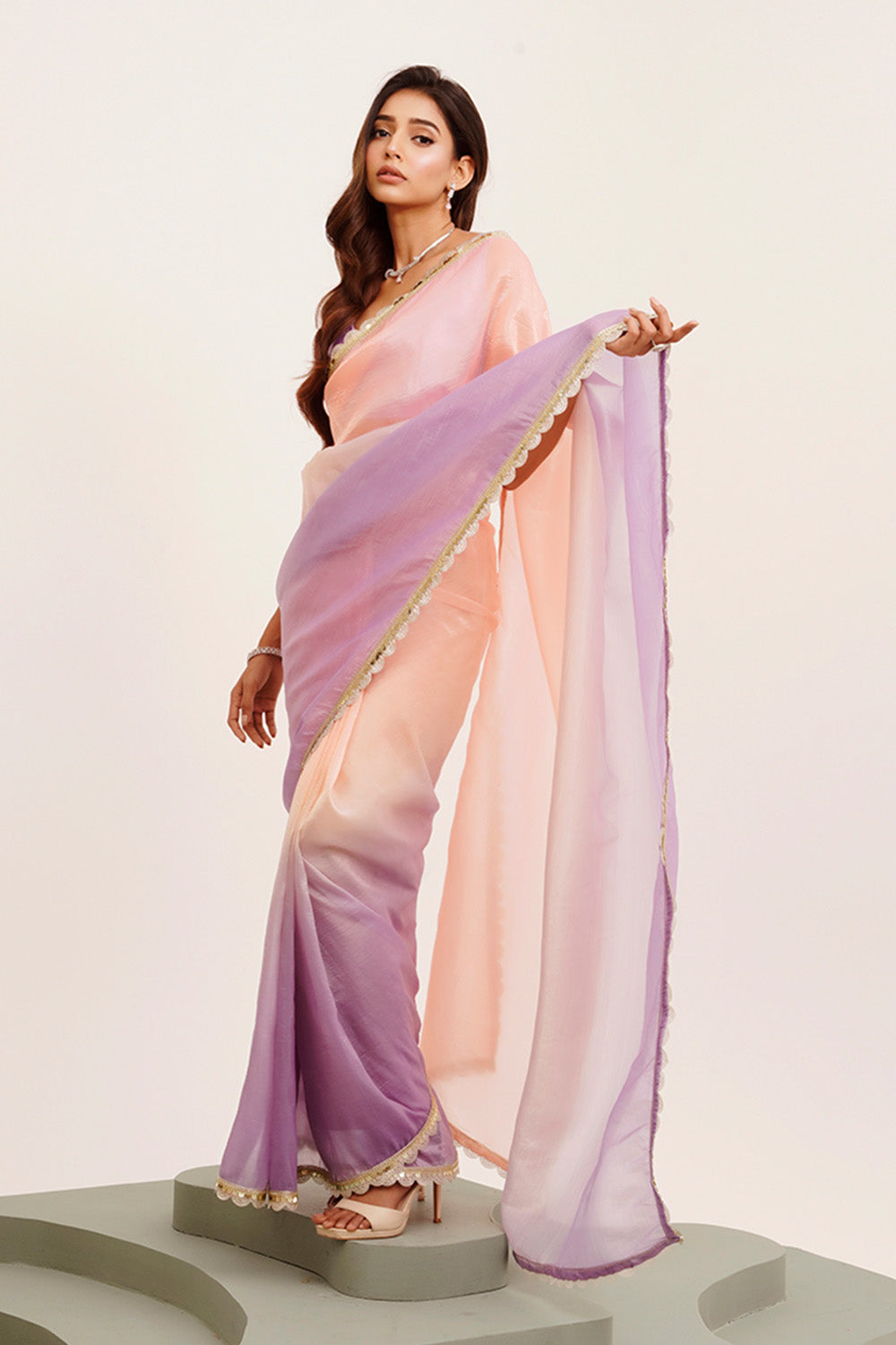 Peach Sequinned Tissue Saree With Blouse